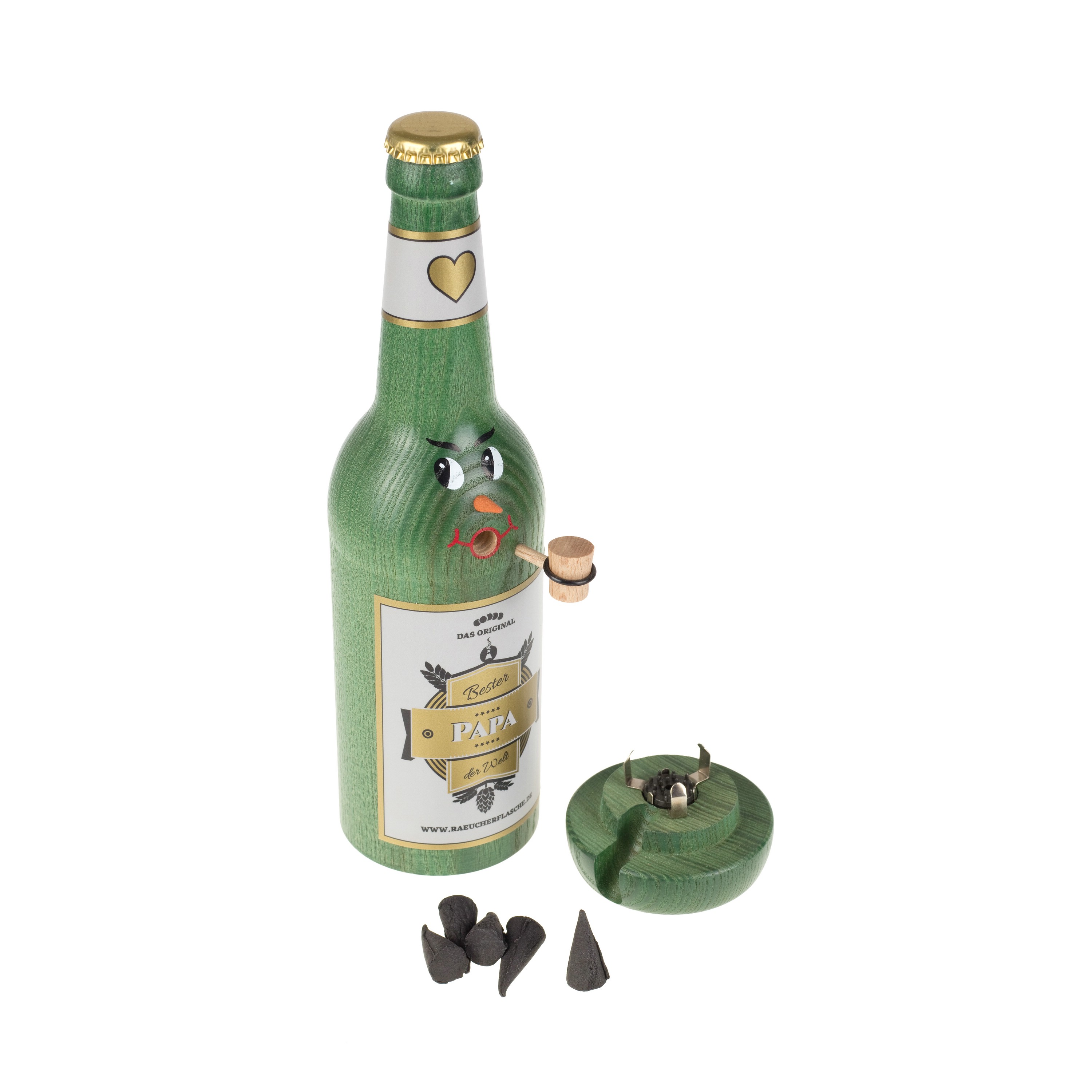 Räucherflasche Räucherfigur Rauchfigur Räuchermännchen Bier Longneck 0,5 grün - "Bester Papa"