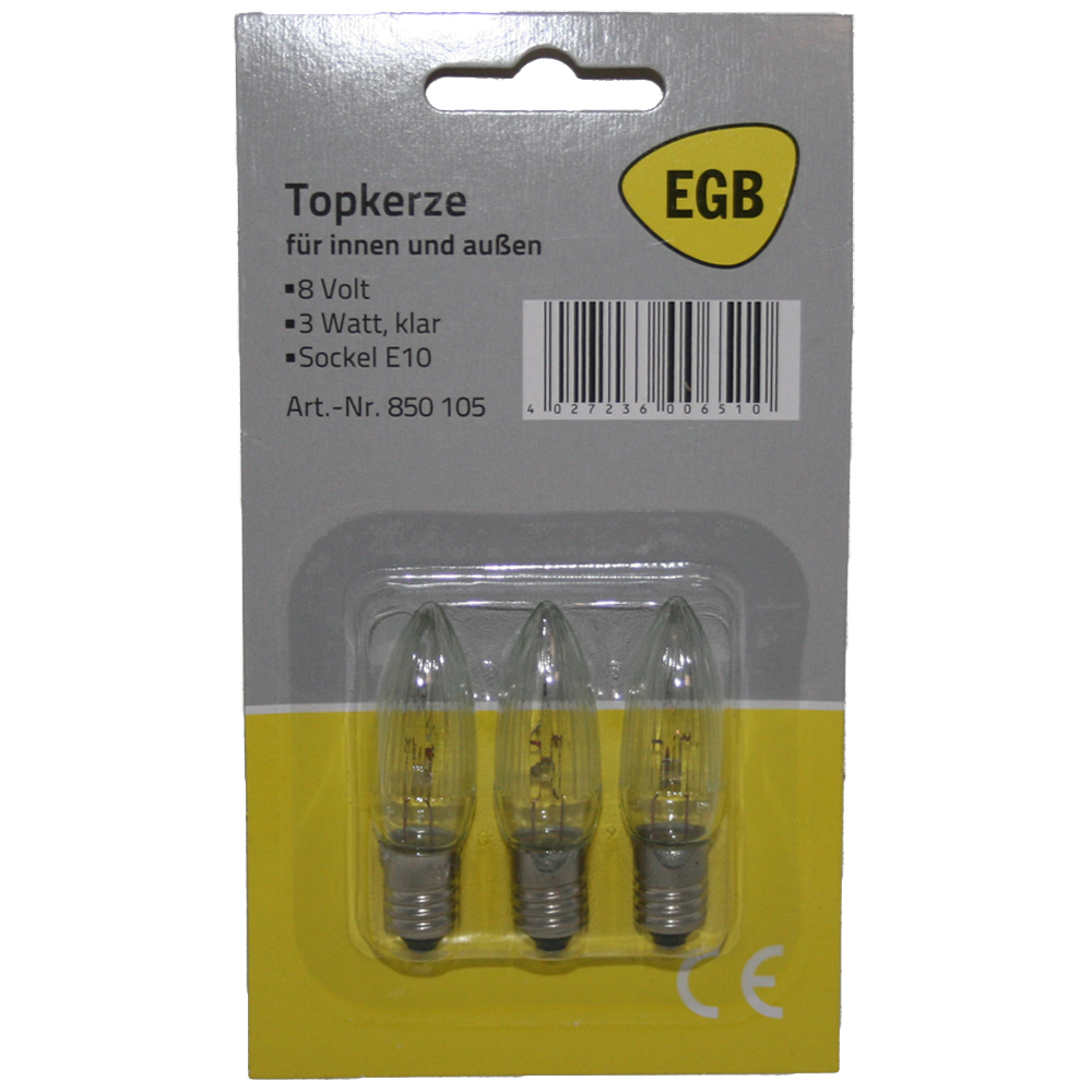 9x Spitzkerze Glühbirne Ersatzbirne Topkerze für Lichterkette / Schwibbögen / Lichterbogen - 12V / 3W E10  halb geriffelt Outdoor