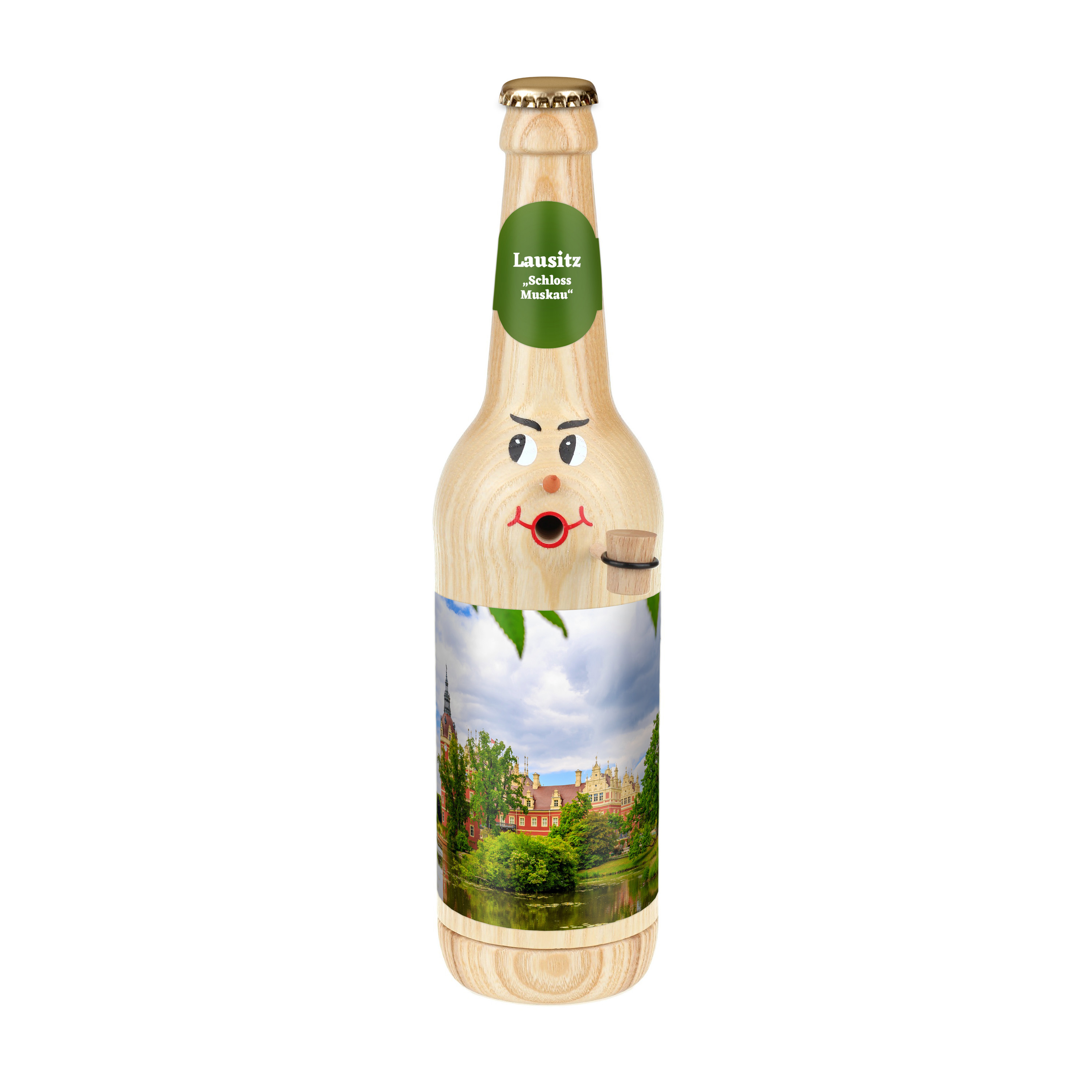 Räucherflasche Räucherfigur Rauchfigur Räuchermännchen Bier Longneck 0,5 natur - "Lausitz Schloss Muskau" 