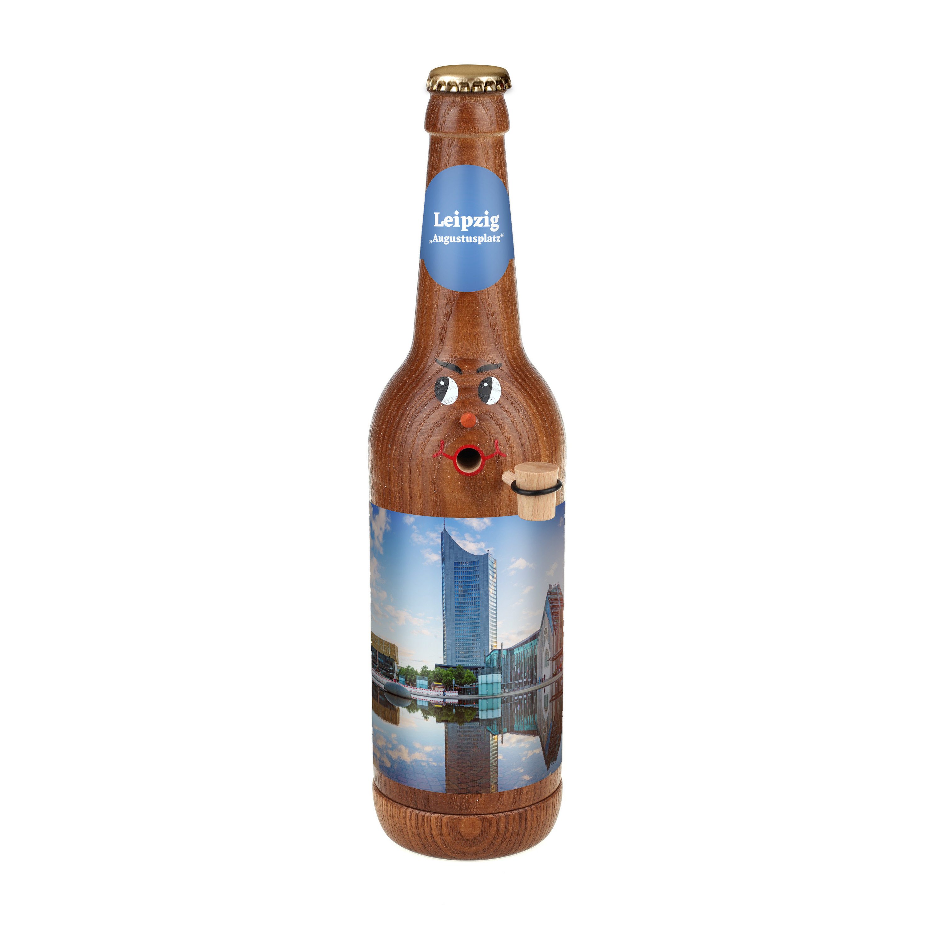 Räucherflasche Räucherfigur Rauchfigur Räuchermännchen Bier Longneck 0,5 braun - "Leipzig Augustusplatz" 